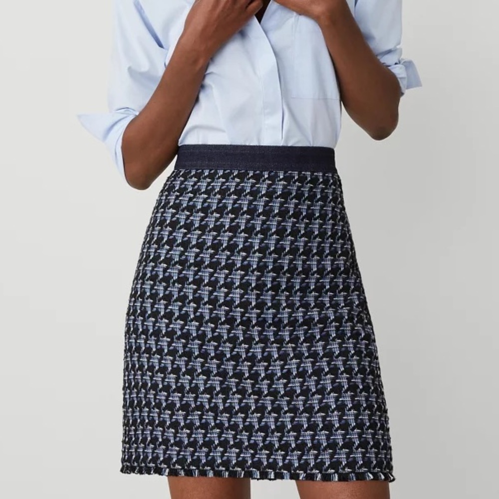 Ann Taylor Houndstooth Fringe Tweed Denim Skirt Size 0 New